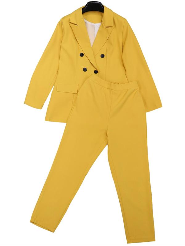 Women's Solid Double Button Shawl Collar Blazer & Pants Two-piece Set, Elegant Fashion Casual Outfits for Work Office Business, Ladies Spring & Fall Clothes